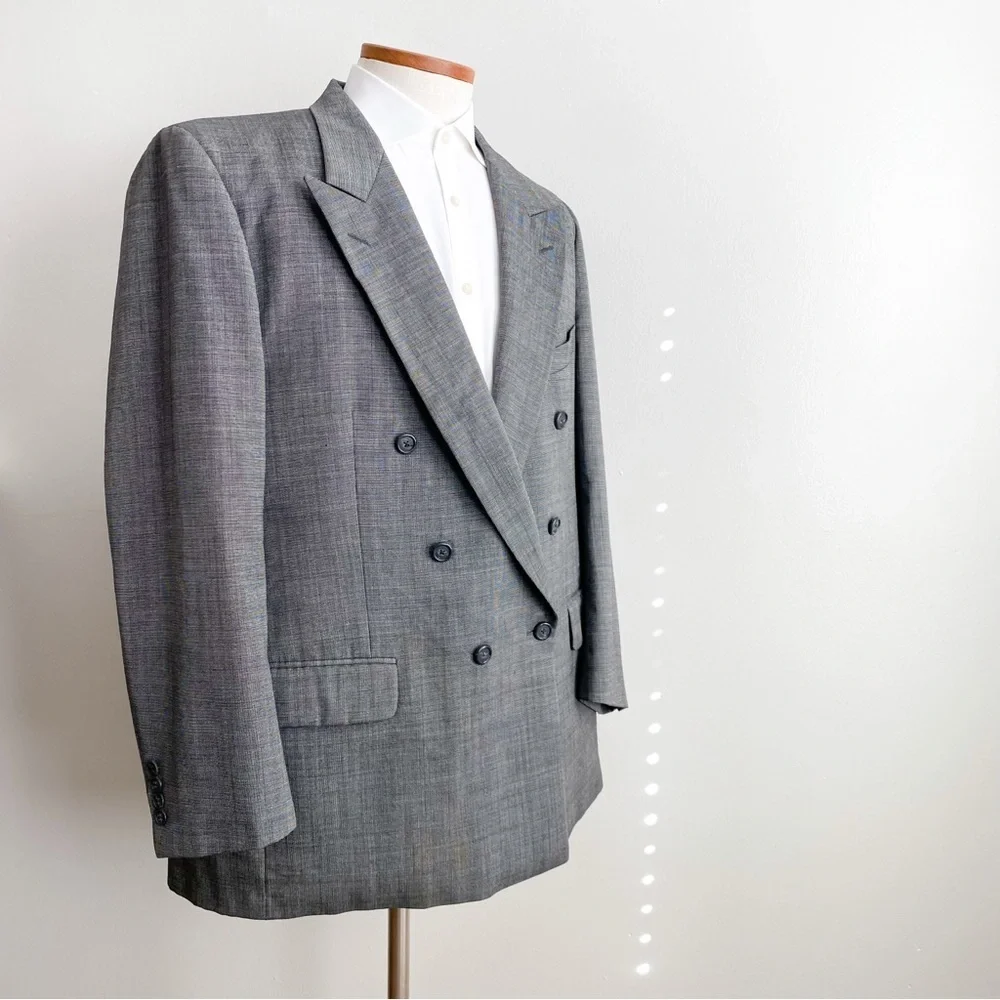 Burberry Vtg Double Breasted Wool Blazer Sport Coat Jacket Peak Lapel Gray 48L